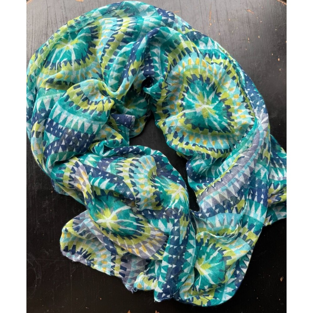 Oversized Boho Geometric Medallion Foulard Scarf  Teal Green Navy Wrap 72x31